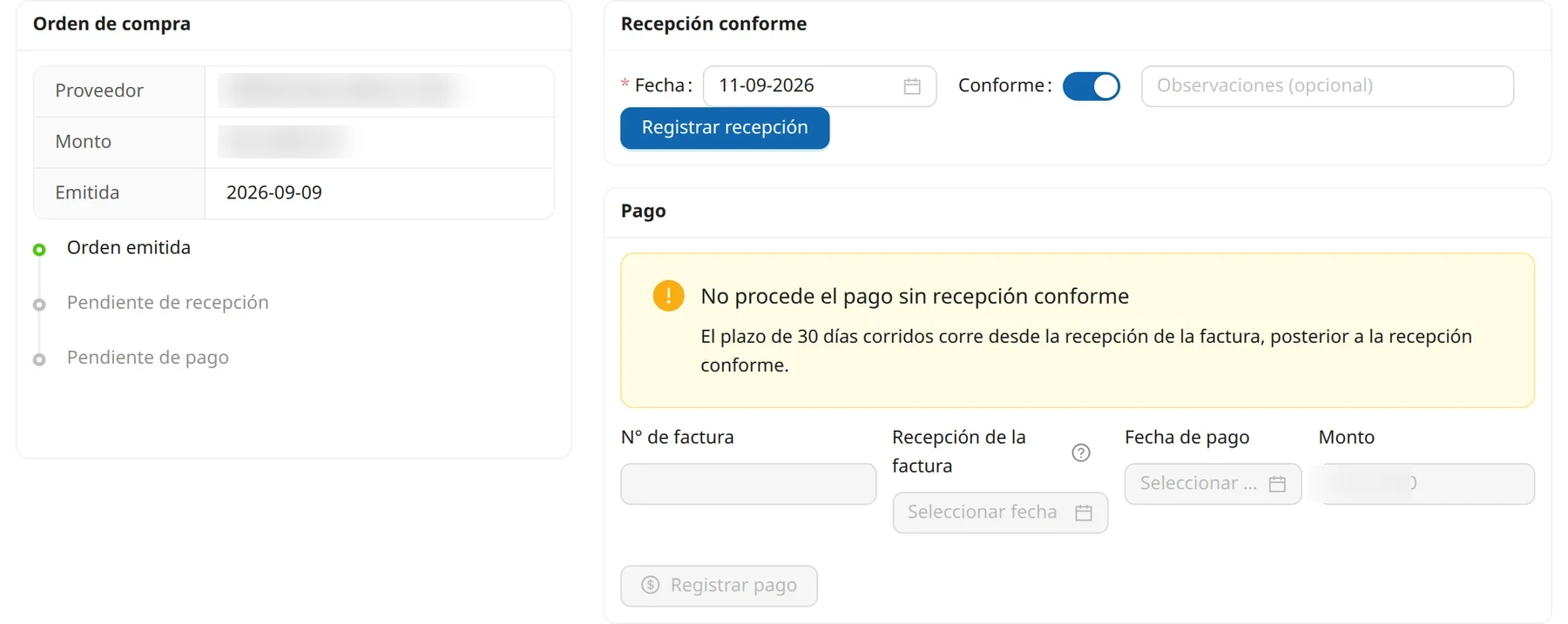 Receipt and payment screen: the issued purchase order, the confirmed-receipt record and the notice that payment cannot proceed without it.
